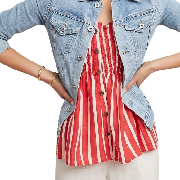 Faithfull The Brand Mazur Strapless Striped Linen Top Smocked US 6 Peplum - Picture 5 of 15